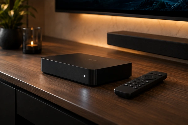 Close detail of a TV box and remote